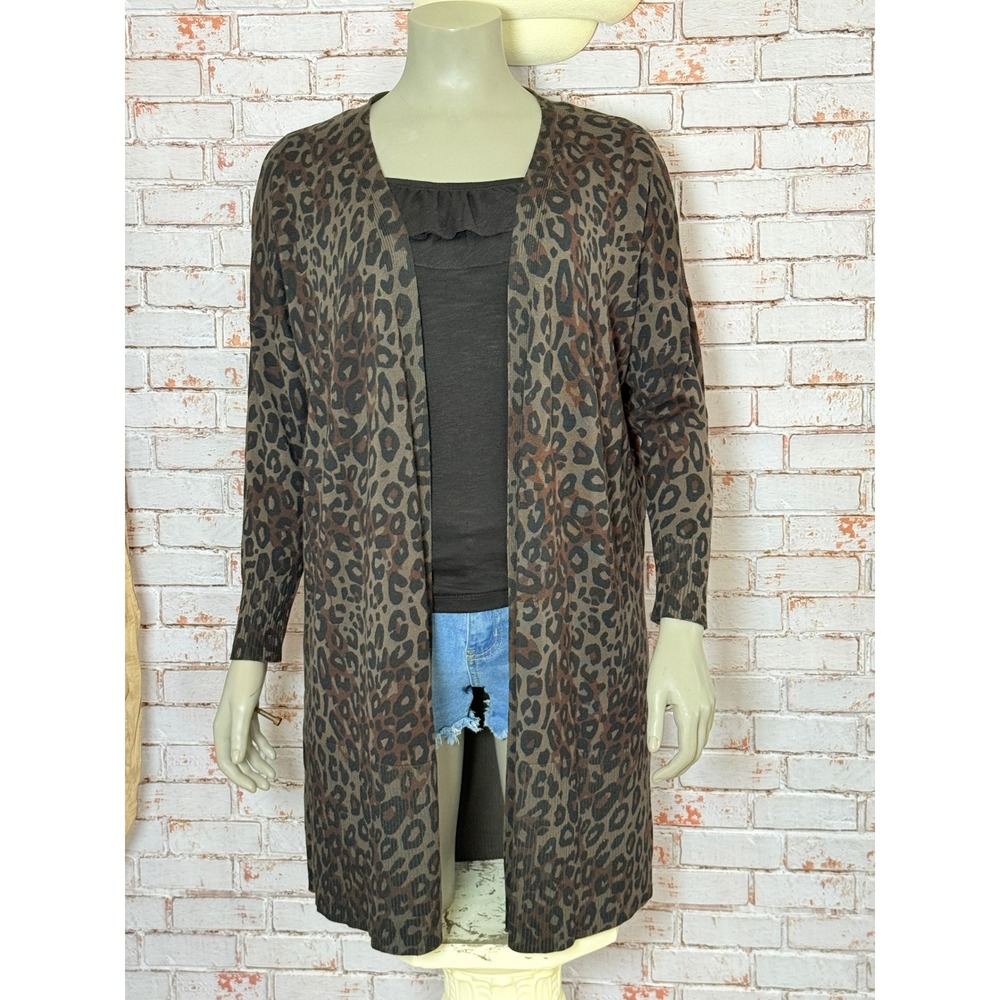 Terra & Sky Womens Leopard Print Open Front Longline Cardigan Brown Size 0X